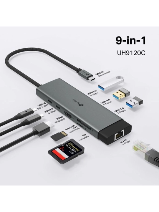 UH9120C USB Type-C Hub 9-in-1, HDMI 4K, Gigabit LAN, USB 3.0, SD/microSD, PD 100 Vt