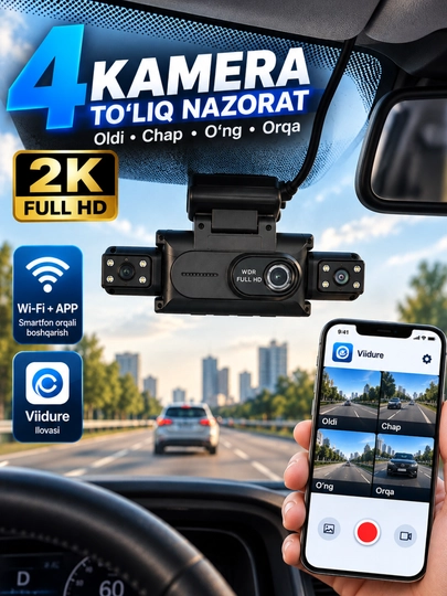 4 kamerali videoregistrator, G-sensor va zarba datchigi bilan jihozlangan - 