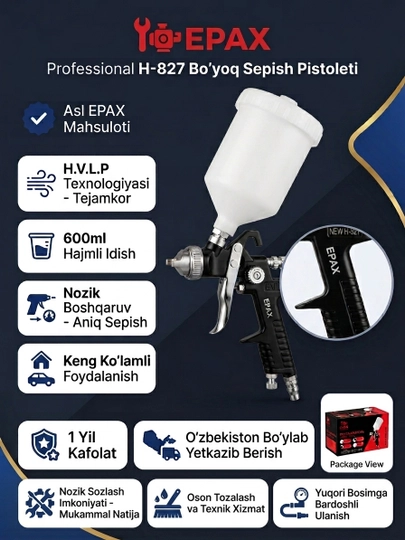 EPAX Professional bo'yoq sepish pistoleti H-827 (HVLP, 600 ml, pnevmatik kraskopult) - 