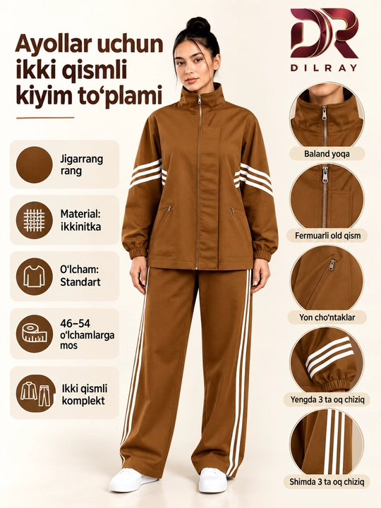 Ayollar uchun ikki qismli sport uslubidagi kiyim to‘plami, ikkinitka