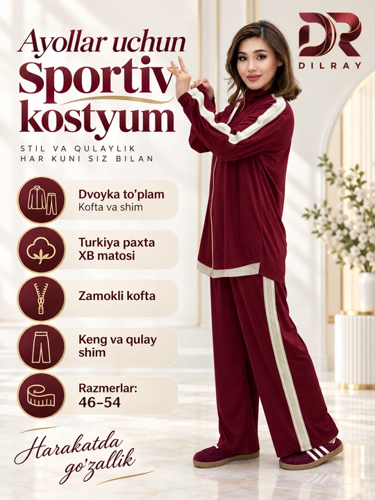 Ayollar uchun sportiv kostyum, kiyim to'plami, kofta va shim, Turkiya paxta XB matosi