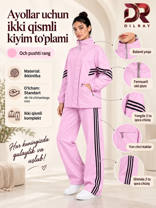 Ayollar uchun ikki qismli sport uslubidagi kiyim to‘plami, ikkinitka