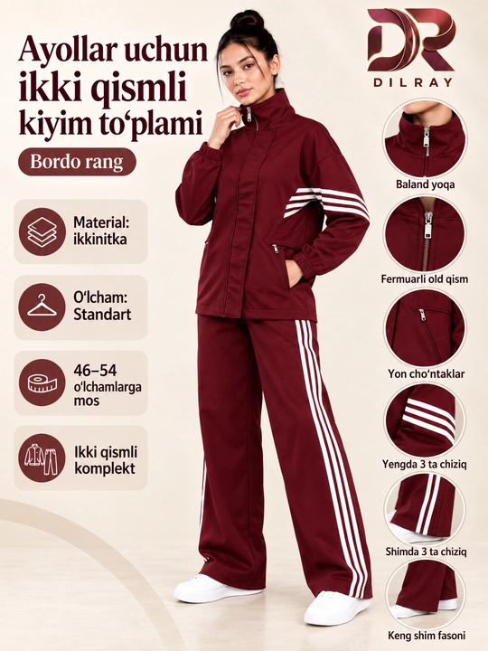 Ayollar uchun ikki qismli sport uslubidagi kiyim to‘plami, ikkinitka