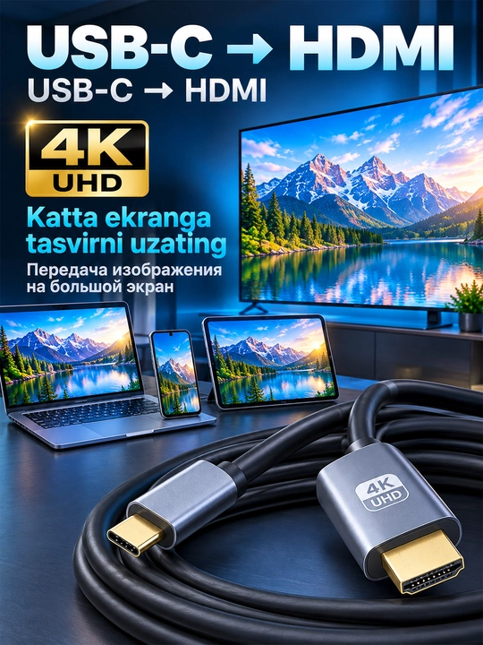 Type-C - HDMI 30Hz kabeli - telefon, noutbuk va planshet uchun. TVda 4K UHD tomosha qiling - 