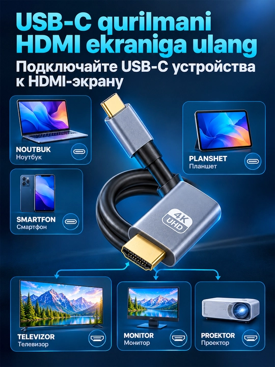 Type-C - HDMI 30Hz kabeli - telefon, noutbuk va planshet uchun. TVda 4K UHD tomosha qiling