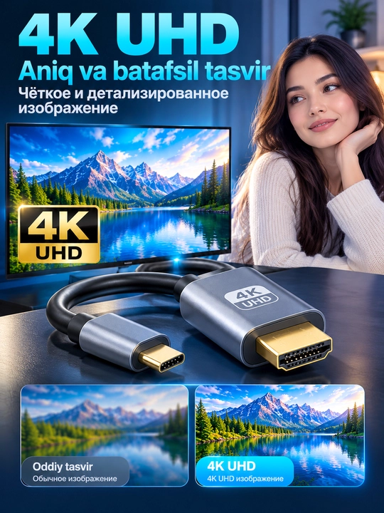 Type-C - HDMI 30Hz kabeli - telefon, noutbuk va planshet uchun. TVda 4K UHD tomosha qiling