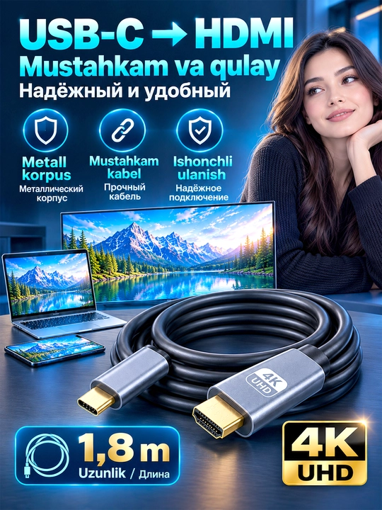 Type-C - HDMI 30Hz kabeli - telefon, noutbuk va planshet uchun. TVda 4K UHD tomosha qiling