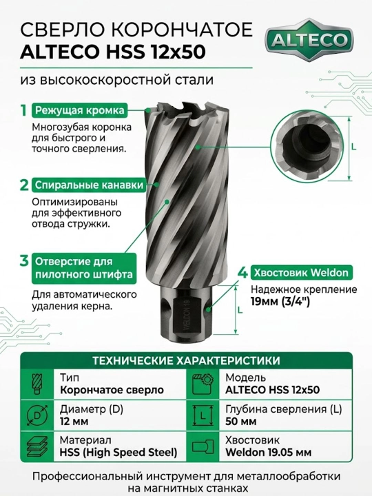 Сверло корончатое ALTECO HSS 12x50 из высокоскоростной стали - 
