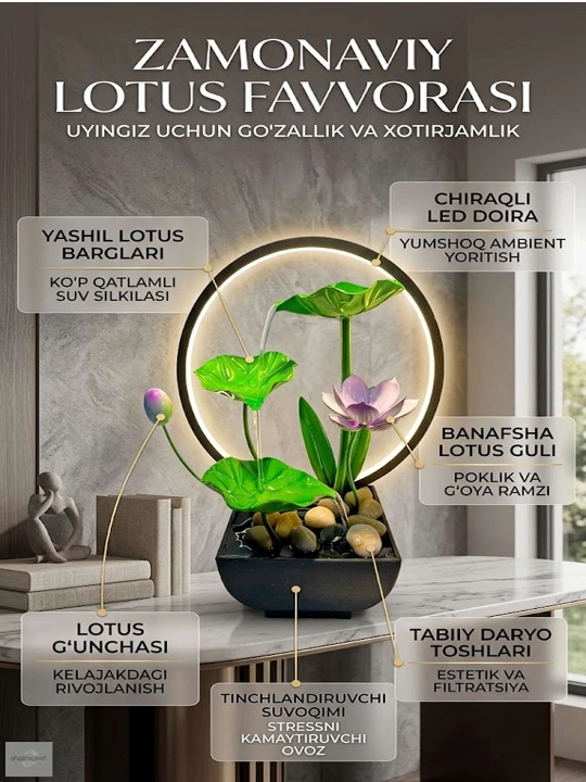 Yotoqxona va ofislar uchun lotus shaklidagi xona favvorasi – uy interyeri uchun bezak - 