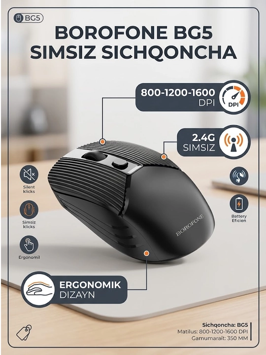 Borofone BG5 Simsiz Sichqoncha (Wireless Mouse, 2.4G, Silent)