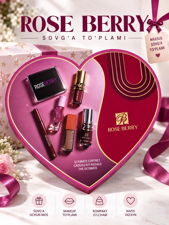 Yurak shaklidagi Rose Berry kosmetika to‘plami, ko‘z va lablar uchun sovg‘a kosmetika to‘plami - 