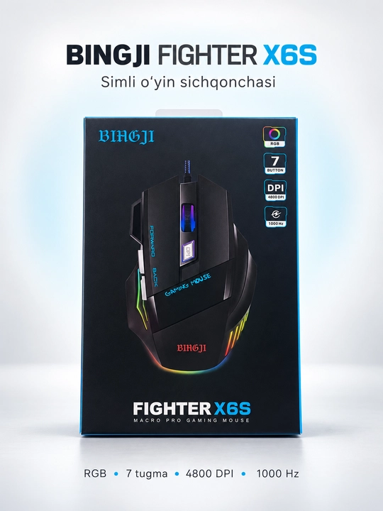 BIH6JI Fighter X6S RGB o‘yin sichqonchasi, 7 tugma, 4800 DPI