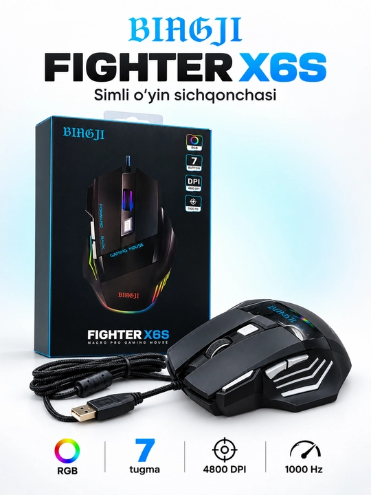 BIH6JI Fighter X6S RGB o‘yin sichqonchasi, 7 tugma, 4800 DPI