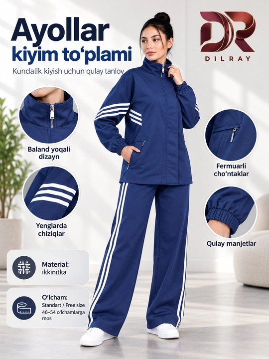 Ayollar uchun ikki qismli sport uslubidagi kiyim to‘plami, ikkinitka