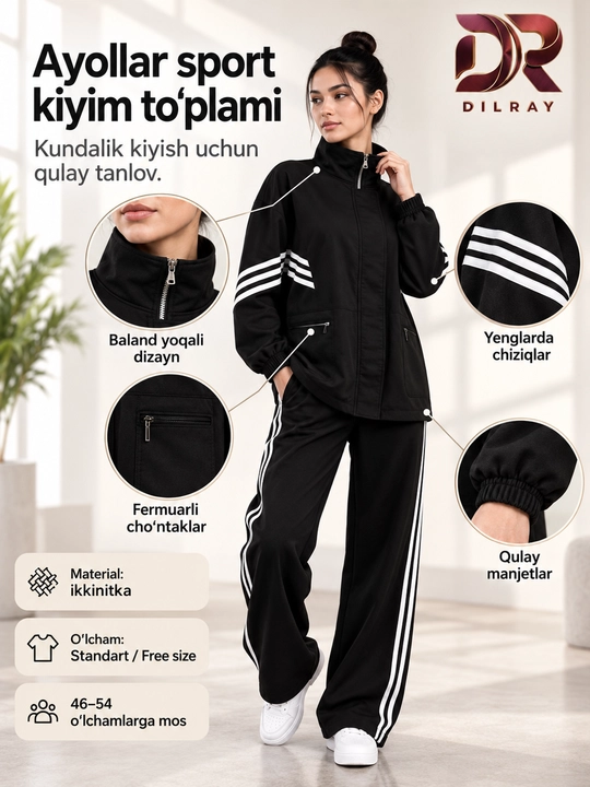 Ayollar uchun ikki qismli sport uslubidagi kiyim to‘plami, ikkinitka