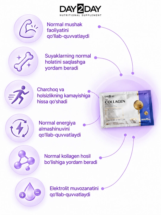 DAY2DAY Collagen Mag Plus — 10 000 mg kollagen, 10 tarkibiy qismdan iborat majmua, №30, Halol