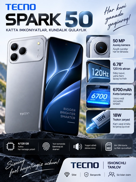Smartfon Tecno Spark 50, 4/128 GB, 50 MP, 6700 mAh, 6,78" ekran 120Hz, 18w tezkor zaryad
