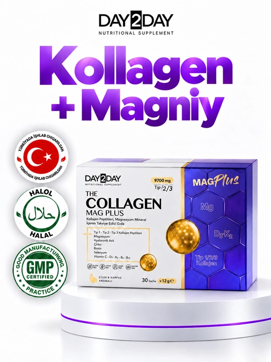 DAY2DAY Collagen Mag Plus — 10 000 mg kollagen, 10 tarkibiy qismdan iborat majmua, №30, Halol