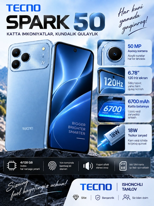 Smartfon Tecno Spark 50, 4/128 GB, 50 MP, 6700 mAh, 6,78" ekran 120Hz, 18w tezkor zaryad