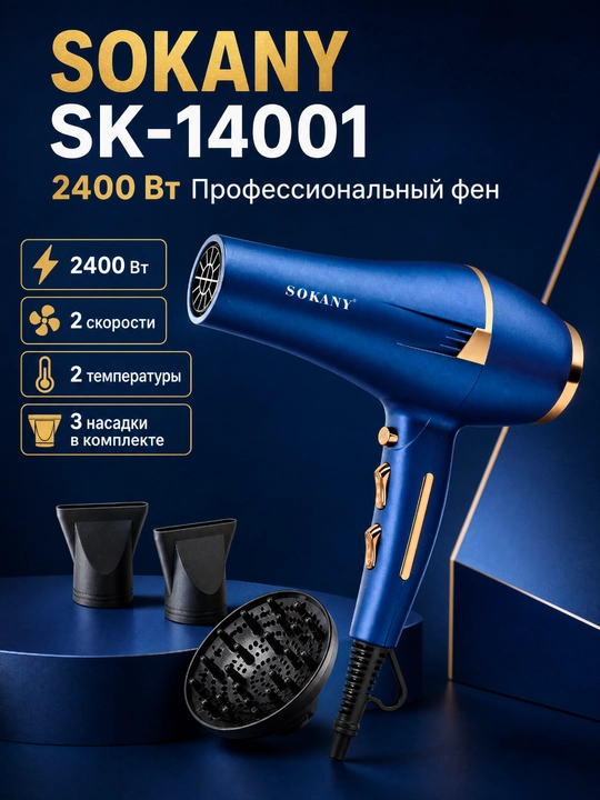 SOKANY SK-14001 фен 2400 Вт, 2 скорости, 2 температуры, холодный обдув, 3 насадки - 