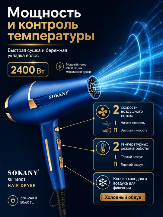 SOKANY SK-14001 фен 2400 Вт, 2 скорости, 2 температуры, холодный обдув, 3 насадки