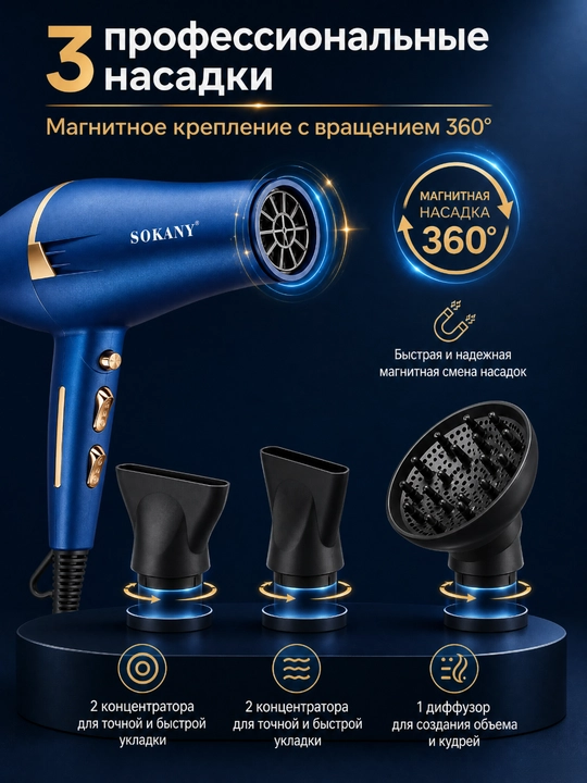 SOKANY SK-14001 фен 2400 Вт, 2 скорости, 2 температуры, холодный обдув, 3 насадки