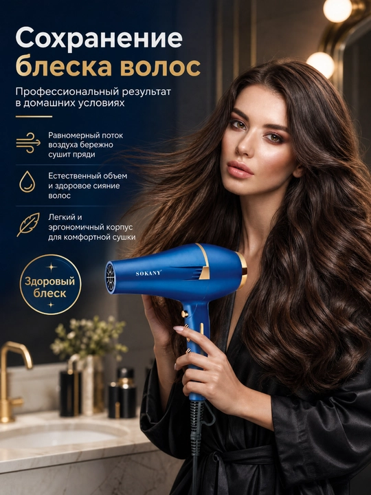 SOKANY SK-14001 фен 2400 Вт, 2 скорости, 2 температуры, холодный обдув, 3 насадки