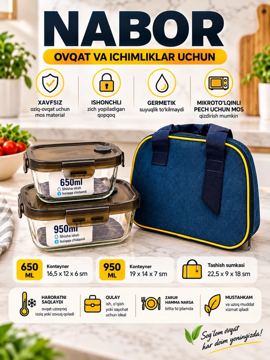 Lunch box Shisha idishlar 650 ml va  950 ml, qopqoqli, termosumkali ovqat saqlash uchun
