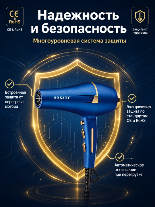 SOKANY SK-14001 фен 2400 Вт, 2 скорости, 2 температуры, холодный обдув, 3 насадки