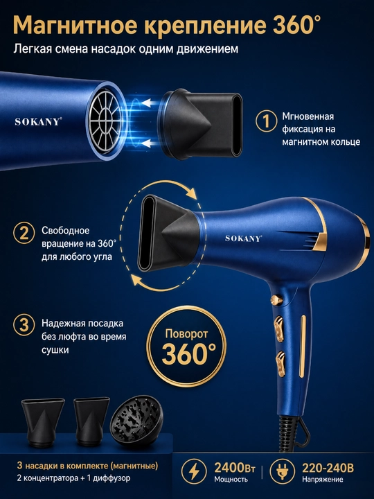 SOKANY SK-14001 фен 2400 Вт, 2 скорости, 2 температуры, холодный обдув, 3 насадки