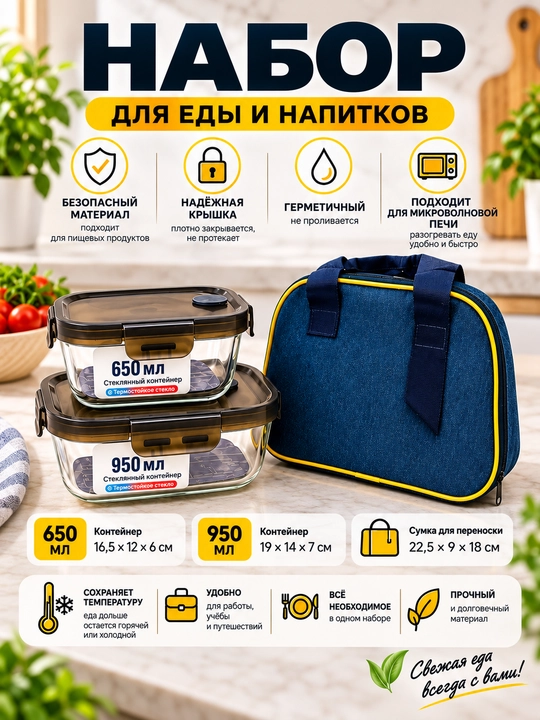 Lunch box Shisha idishlar 650 ml va  950 ml, qopqoqli, termosumkali ovqat saqlash uchun