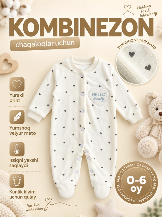 Chaqaloqlar uchun velyur kombinezon, 0-6 oy, yurakcha printli, oldi tugmali, yumshoq - 
