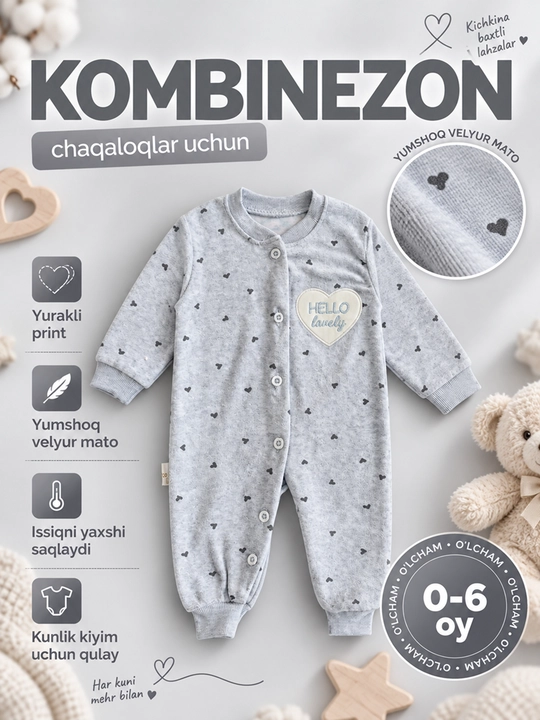 Chaqaloqlar uchun velyur kombinezon, 0-6 oy, yurakcha printli, oldi tugmali, yumshoq - 