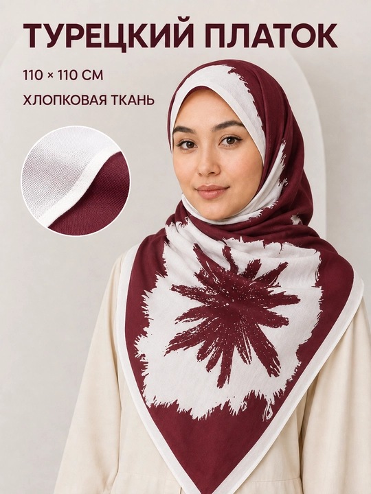 Ayollar uchun turk ro‘moli 110 × 110 sm, paxta matoli, hijob uchun - 