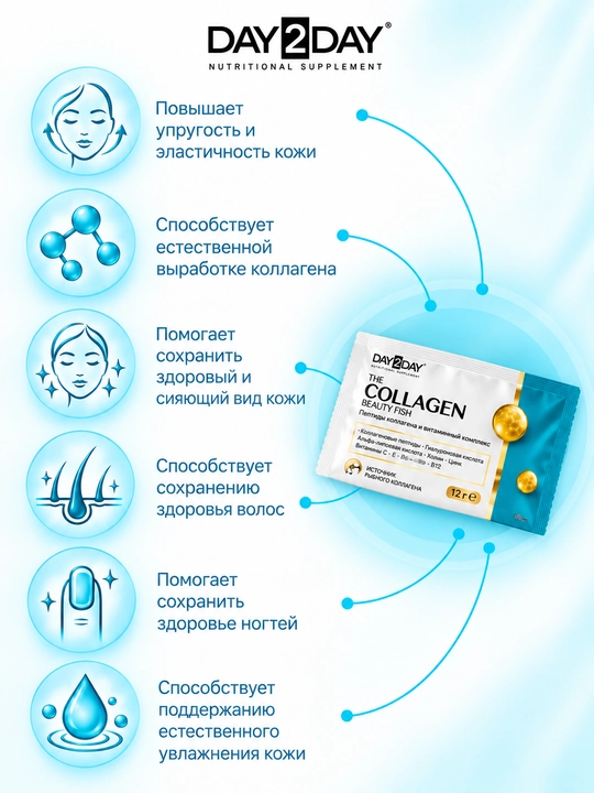 DAY2DAY Collagen Beauty Fish  морской коллаген 5000мг для кожи, волос и ногтей, №30,Халяль