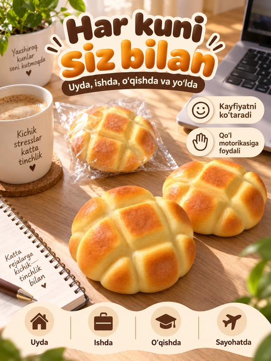 Dumaloq bulochka shaklidagi Squishy stressga qarshi vositasi, yumshoq o‘yinchoq-skvishi