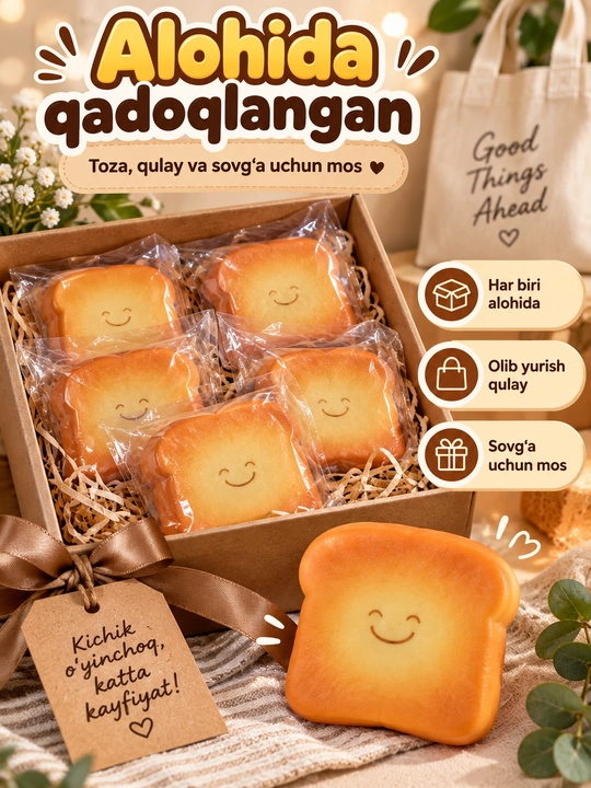 Antistress Squishy tost non shaklida, yumshoq siqiladigan o‘yinchoq
