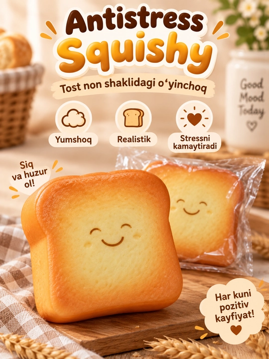 Antistress Squishy tost non shaklida, yumshoq siqiladigan o‘yinchoq