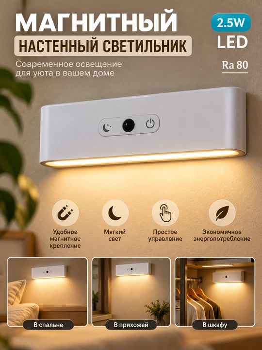 2.5W LED magnitli devor chirog‘i, 3 xil yoritish rejimi, tungi chiroq, uy uchun - 