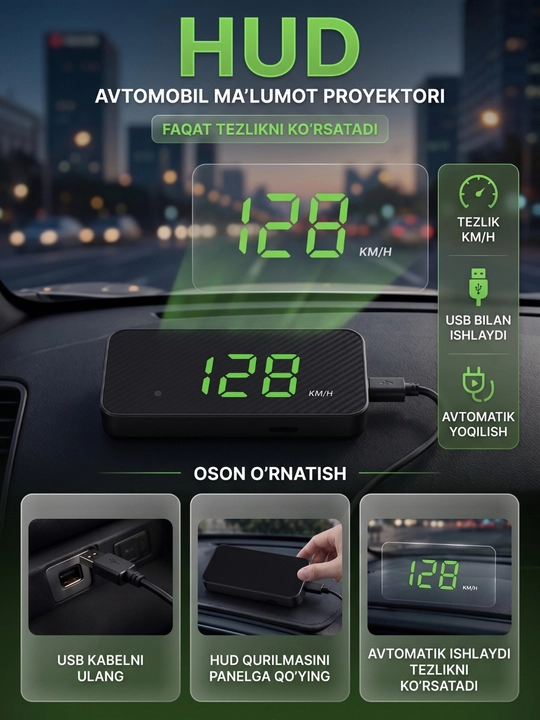 Avtomobil uchun HUD displey – old oynaga tezlik proyeksiyasi - 