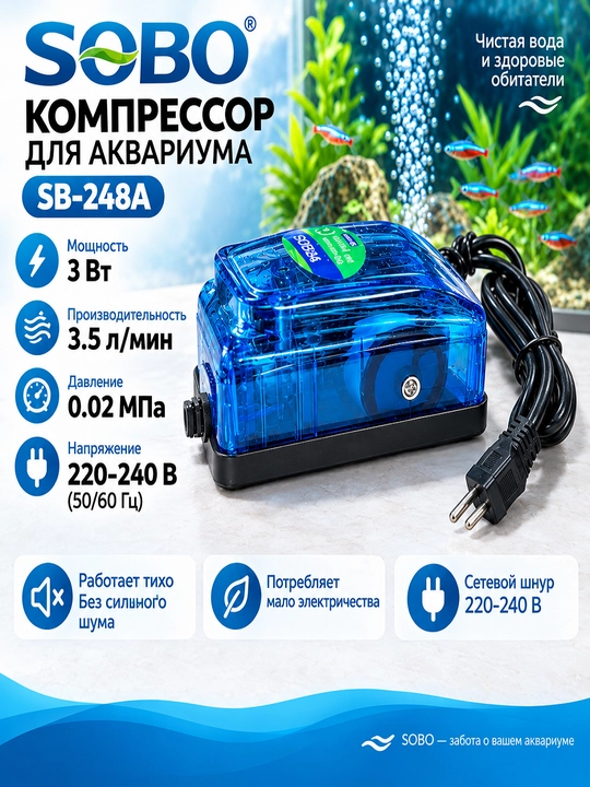 Компрессор для аквариума SOBO SB-248A, 3 Вт, 3,5 л/мин