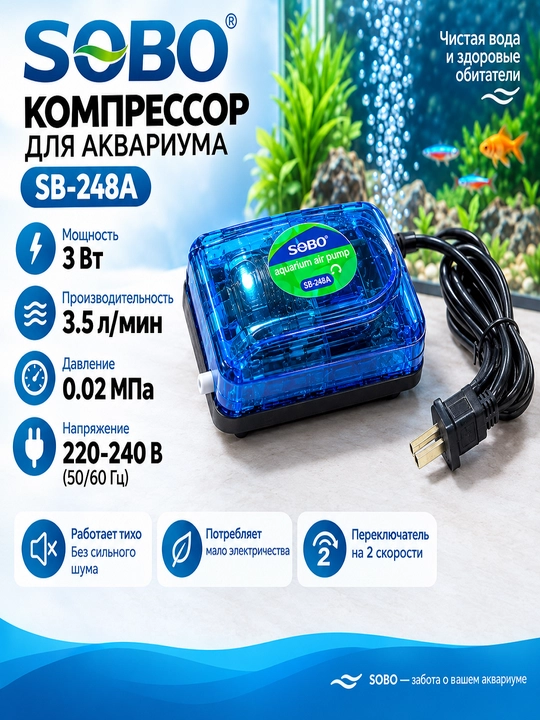 Компрессор для аквариума SOBO SB-248A, 3 Вт, 3,5 л/мин - 