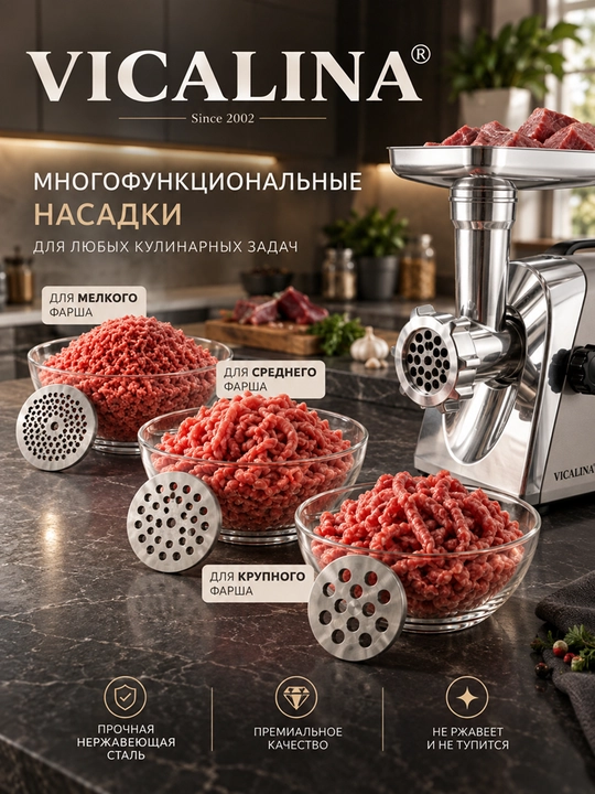 Elektr go‘shtqiymalagich Vicalina, go‘sht va sosiska uchun nasadkalar, oshxona kombayni