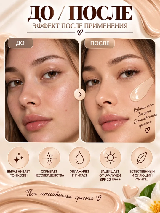 Koreya BB-kremi, tabiiy qoplama, SPF 20 PA++, "Warm Nude" (iliq nüd) tusida