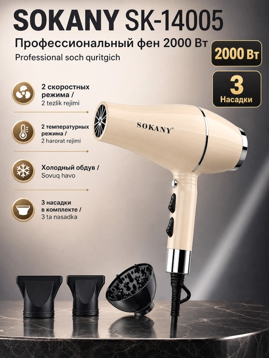 SOKANY SK-14005 фен 2000 Вт, 2 скорости, 2 температуры, холодный обдув, 3 насадки - 