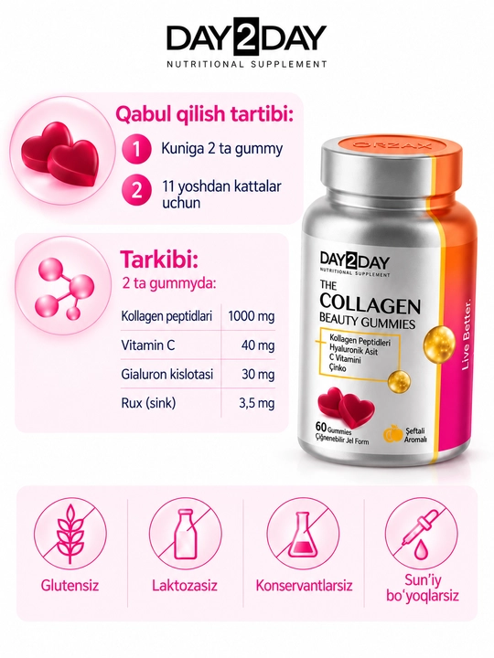 COLLAGEN BEAUTY GUMMIES — kollagen, gialuron kislotasi va biotin, 60 gummy, Halol