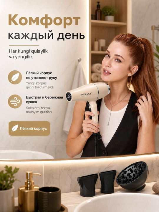 SOKANY SK-14005 фен 2000 Вт, 2 скорости, 2 температуры, холодный обдув, 3 насадки