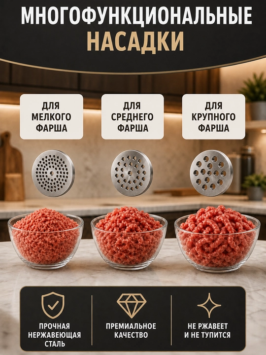 Elektr go‘shtqiymalagich Vicalina, go‘sht va sosiska uchun nasadkalar, oshxona kombayni