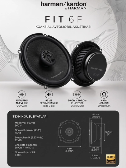 Harman Kardon 16 sm (6.5") Avtomobil Kolonkasi, Koaksial Dinamik, 4 Ohm, 45–50W RMS - 