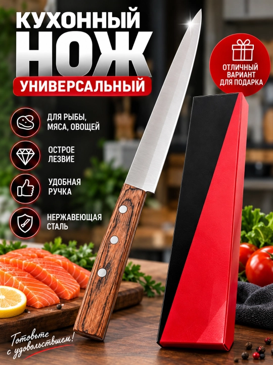 Yog‘och dastali va himoya g‘ilofli oshxona pichog‘i, 37 sm - 